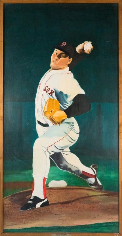 Monumental portrait of Red Sox player Roger Clemens, which hung in McCoy Stadium in Pawtucket, Rhode Island, estimated at $2,000-$3,000 at Bruneau & Co.