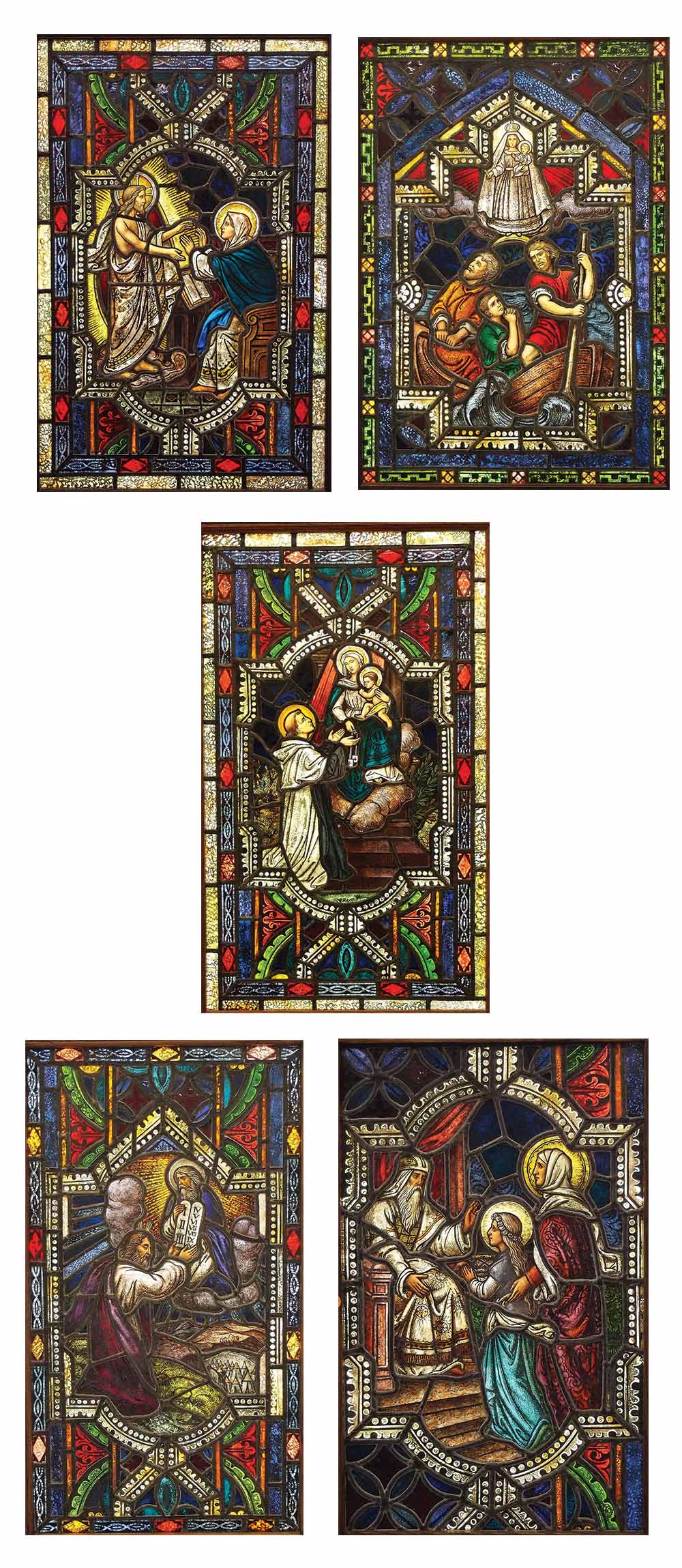 Five late 19 th-century stained glass windows removed from churches, all individually estimated at $1,000-$2,000 at Schmidt’s.
