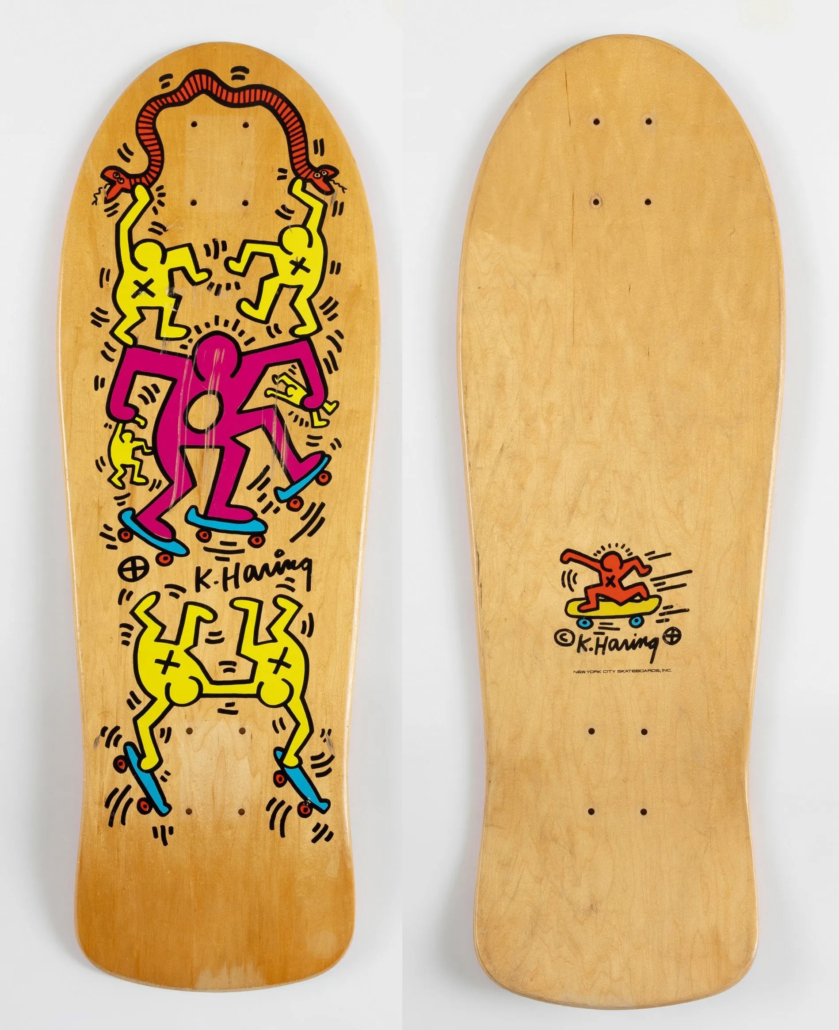 1986 Keith Haring for New York City Skateboards silkscreen-on-wood deck, estimated at €30,000-€35,000 ($32,425-$ 37,830) at Setdart.