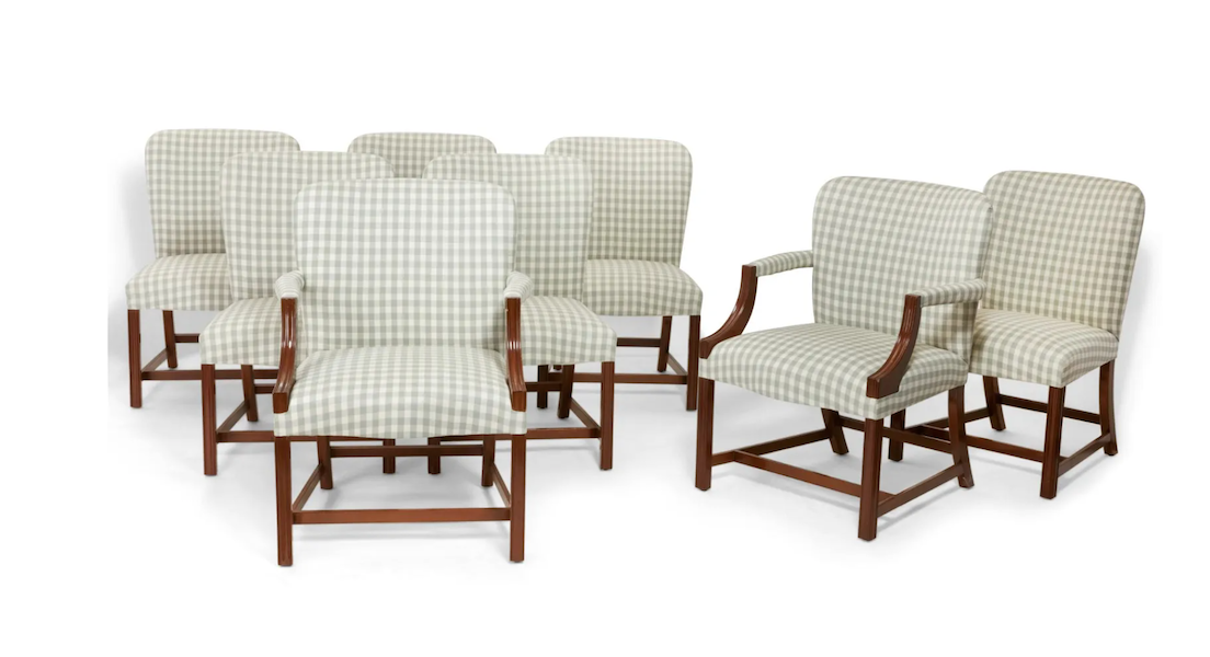 A group of eight Rose Tarlow Chippendale dining chairs commanded $10,000 plus the buyer’s premium in February 2023. Image courtesy of Andrew Jones Auctions and LiveAuctioneers.