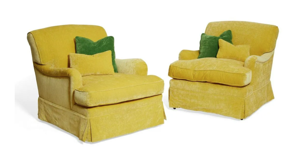 A pair of Rose Tarlow yellow velvet Lambertus chairs achieved a robust price of $7,000 plus the buyer’s premium in October 2021. Image courtesy of Andrew Jones Auctions and LiveAuctioneers.