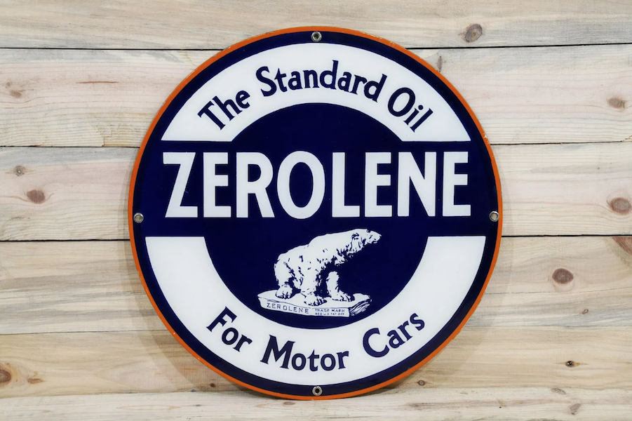 A 24in round Standard Oil Zerolene porcelain sign featuring a polar bear went for $44,000 plus the buyer’s premium in March 2022. Image courtesy of Richmond Auctions and LiveAuctioneers.