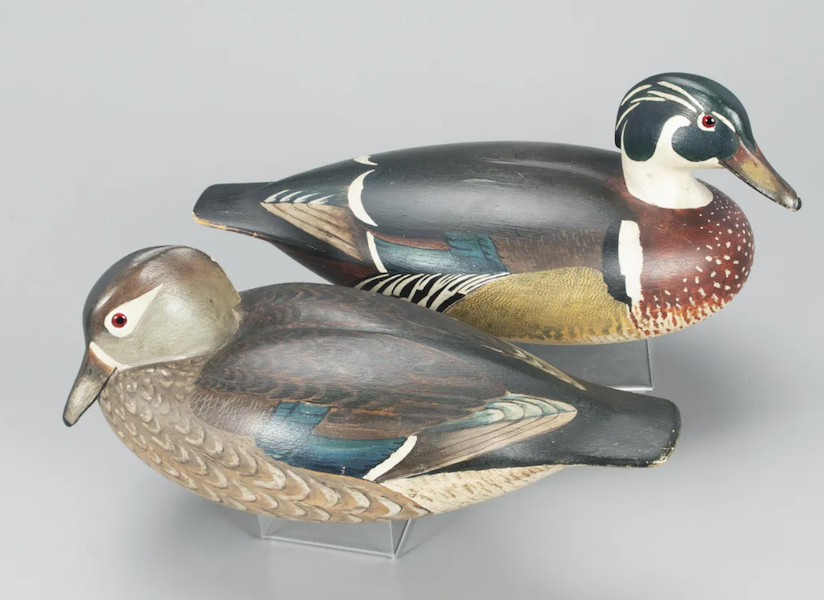 Known as the Rockefeller wood duck pair, these exhibition-grade Charles E. ‘Shang’ Wheeler duck decoys achieved $180,000 plus the buyer’s premium in March 2022. Image courtesy of Copley Fine Art Auctions and LiveAuctioneers.