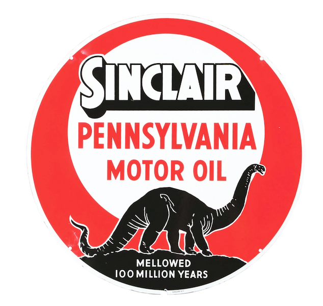 A Sinclair Pennsylvania Motor Oils porcelain curb sign starring the company’s mascot, ‘Dino’, realized $40,000 plus the buyer’s premium in October 2022. Image courtesy of Dan Morphy Auctions and LiveAuctioneers.