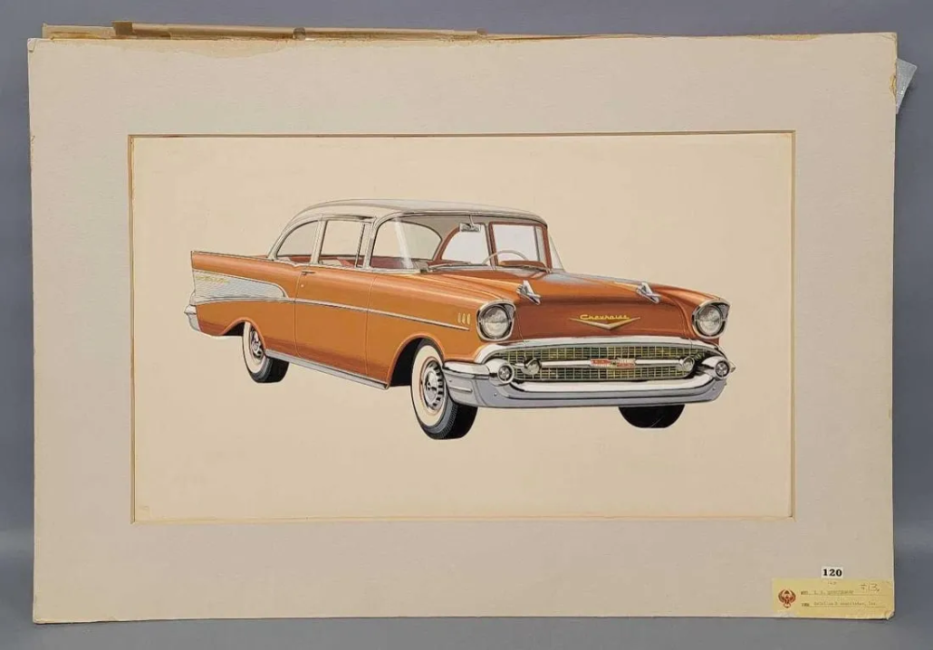 Original artwork for 1957 Chevrolet Bel Air promotional materials, which hammered for $2,050 and sold for $2,357 with buyer’s premium at Toystrainsandotheroldstuff.