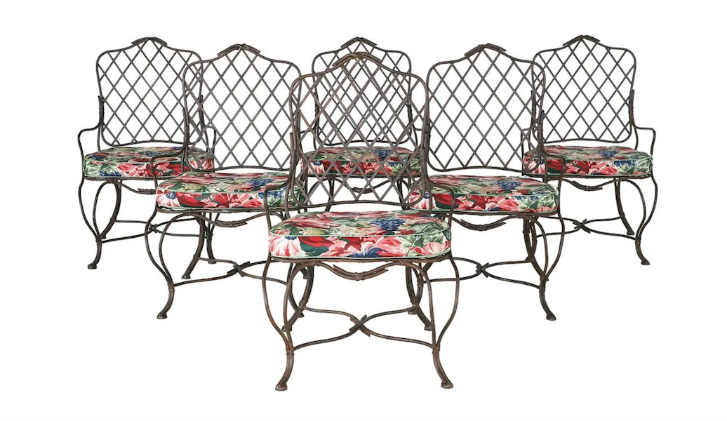 This group of six Rose Tarlow wrought-iron ‘Twig’ chairs secured $4,400 plus the buyer’s premium in July 2022. Image courtesy of New Orleans Auction Galleries and LiveAuctioneers.