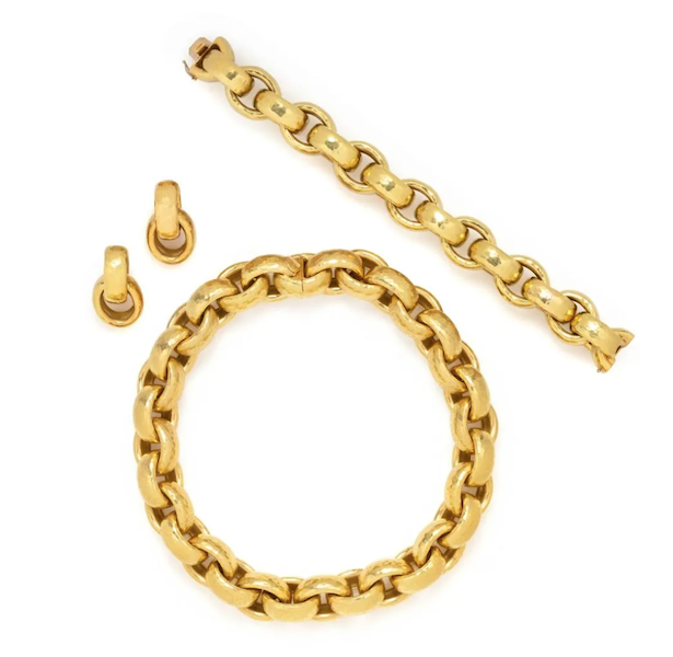 A trio of gold jewelry pieces by Paloma Picasso for Tiffany & Co., brought $20,000 plus the buyer’s premium in December 2021. Image courtesy of Hindman and LiveAuctioneers.
