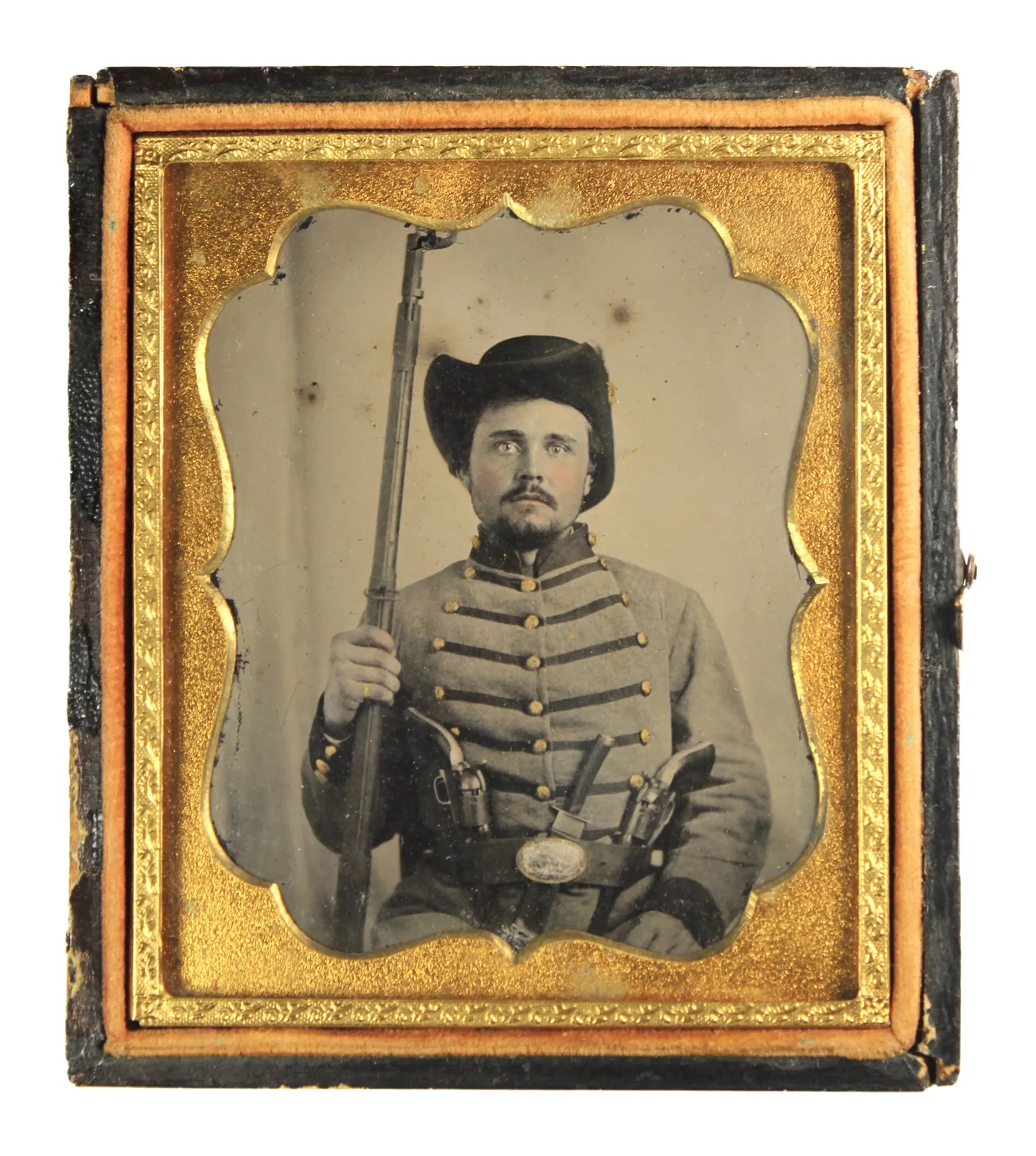 Ambrotype of a CSA soldier with two Colt Navy revolvers, a Bowie knife, and a model 1842 musket, which sold for $12,000 ($14,760 with buyer’s premium) at Fleischer's.
