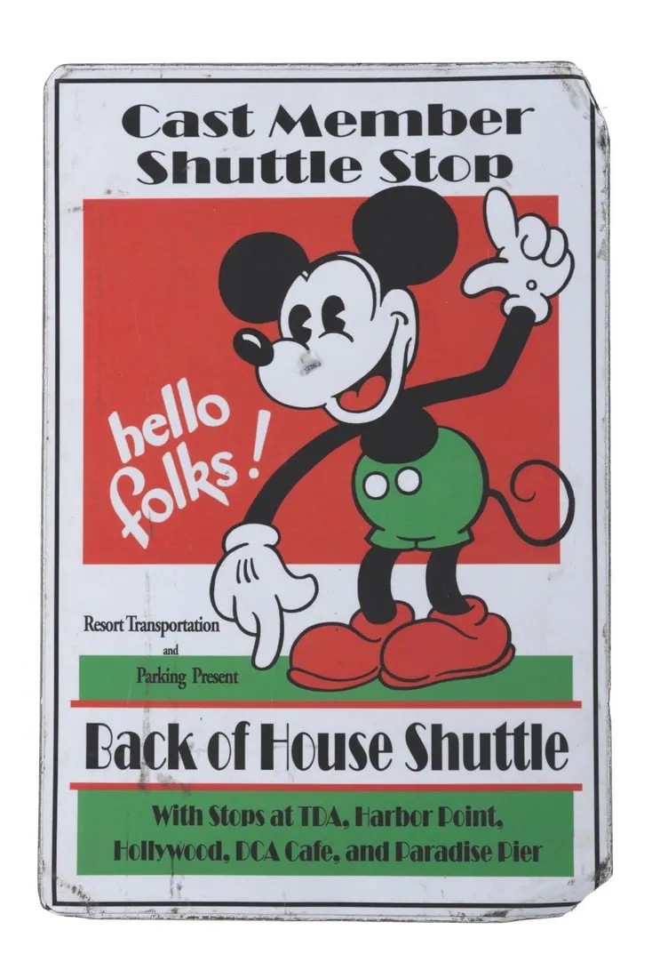Disneyland transportation sign identifying a back of house shuttle stop, which sold for $22,500 ($27,225 with buyer’s premium) at Van Eaton.
