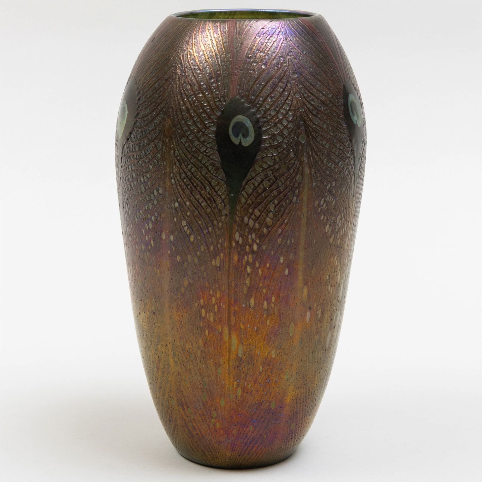 Tiffany favrile glass peacock feathers vase, which sold for $26,800 at Stair Galleries.
