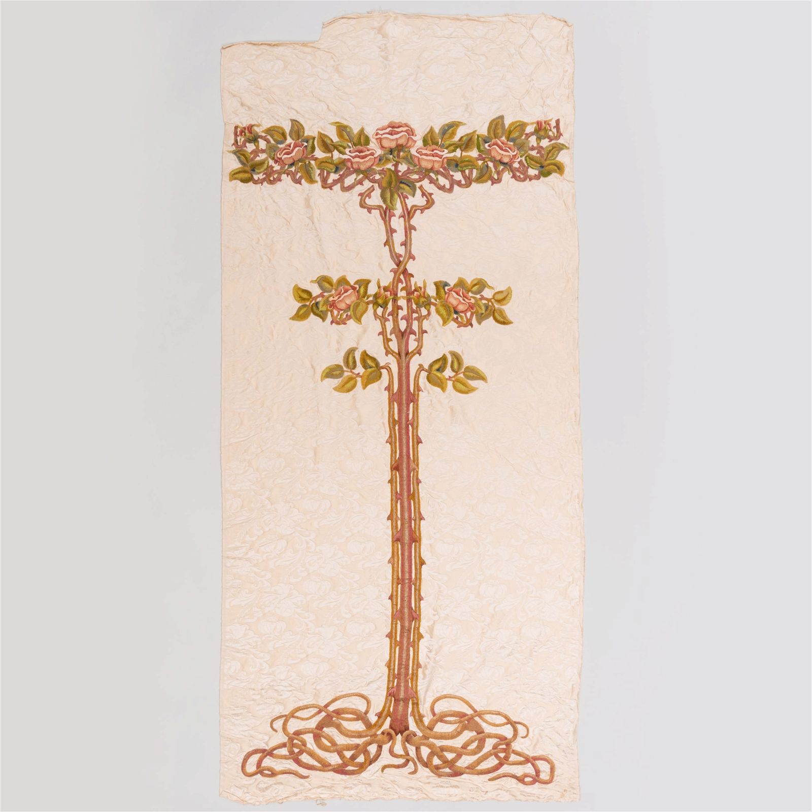 Silk damask and crewel work hanging designed by Alexander Fisher, which sold for $7,040 at Stair Galleries.