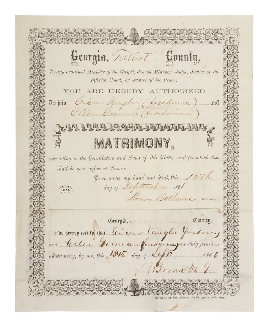 1866 marriage license and certificate for a freedman and freedwoman in Talbot County, Georgia, which sold for $6,000 ($7,860 with buyer’s premium) at Freeman's Hindman.