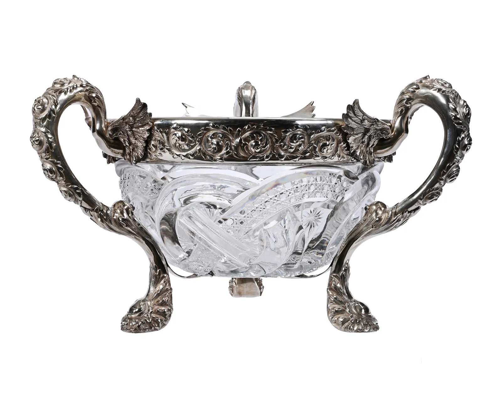 J. Hoare three-handled American brilliant cut glass centerpiece with sterling silver mounts, $110,000 at Woody Auction. The winner looks to be a LiveAuctioneers bidder, and 86 people were watching the sale.