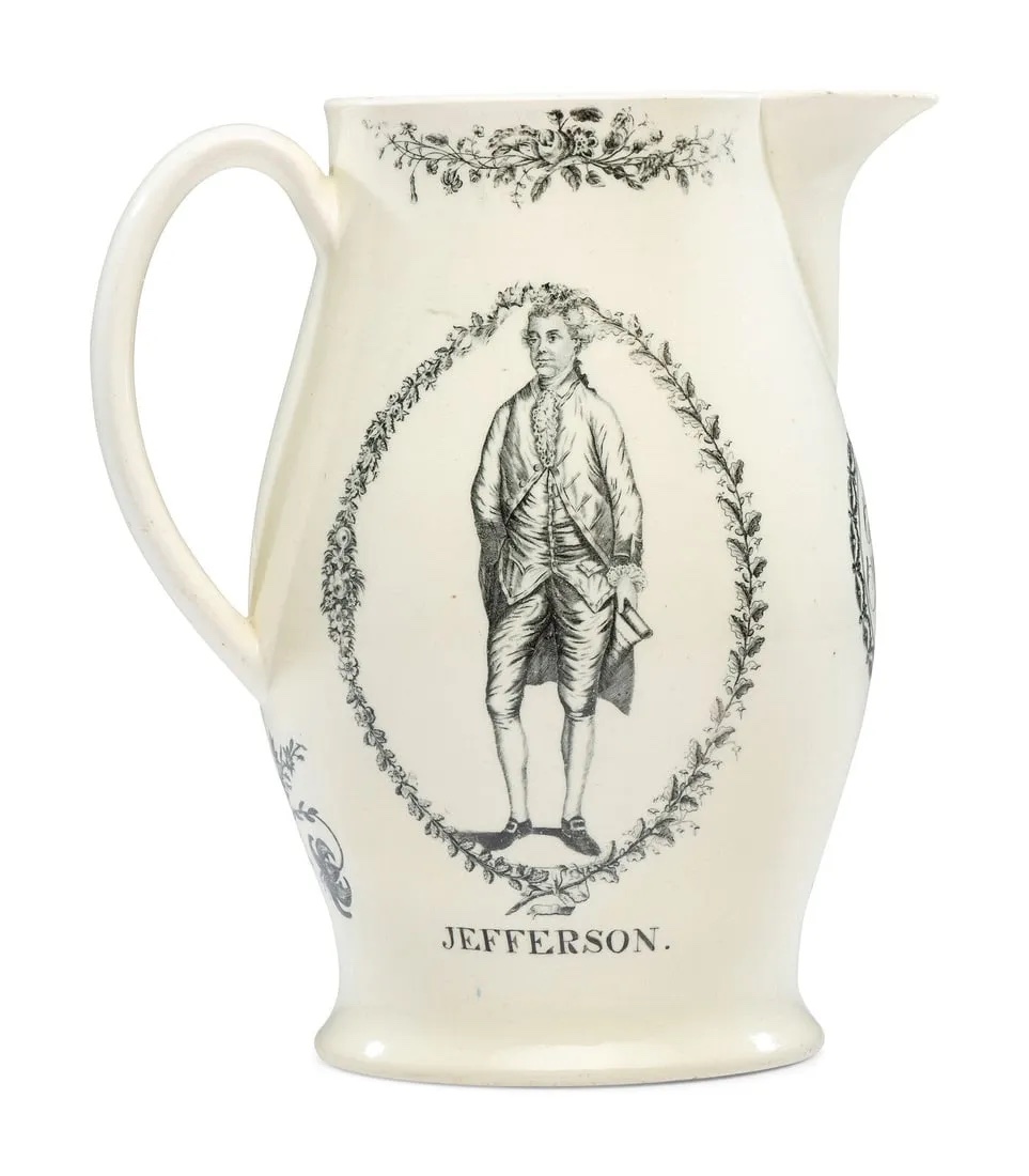 Liverpool transfer-printed creamware 'Thomas Jefferson' pitcher, estimated at $4,000-$6,000 at Freeman's Hindman.