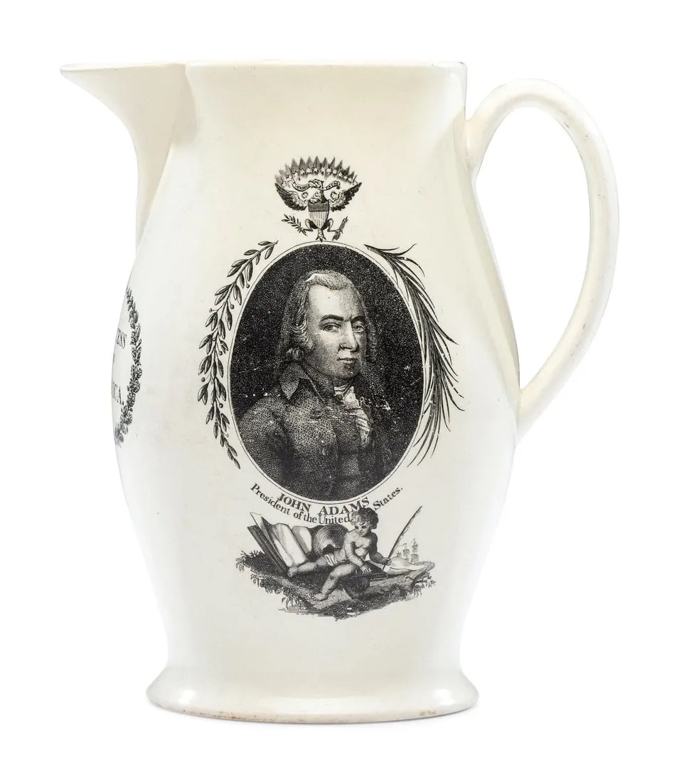 Liverpool transfer-printed creamware 'John Adams' pitcher with Masonic decoration, estimated at $3,000-$5,000 at Freeman's Hindman.
