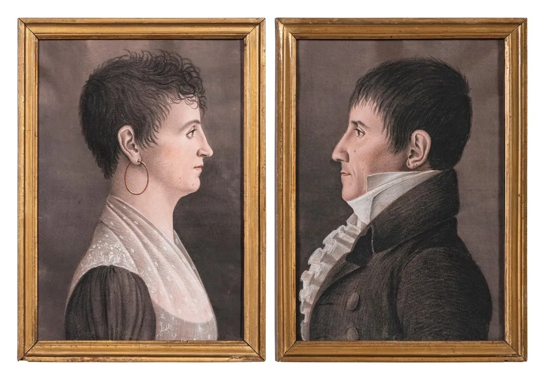 Charles Balthazar Saint-Mémin, portraits of Maurice and Marguerite Tristant de Verdun, estimated at $6,000-$8,000 at Freeman's Hindman.