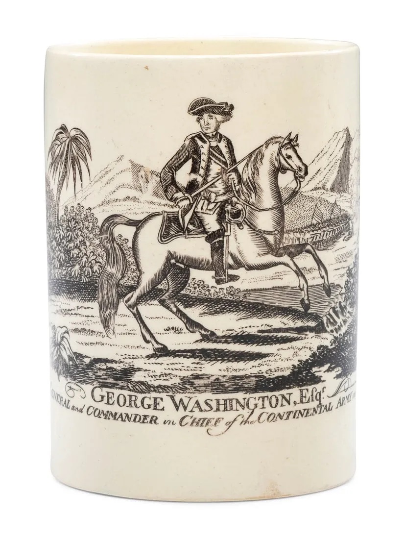 Liverpool transfer-printed George Washington equestrian mug, estimated at $1,500-$2,500 at Freeman's Hindman.