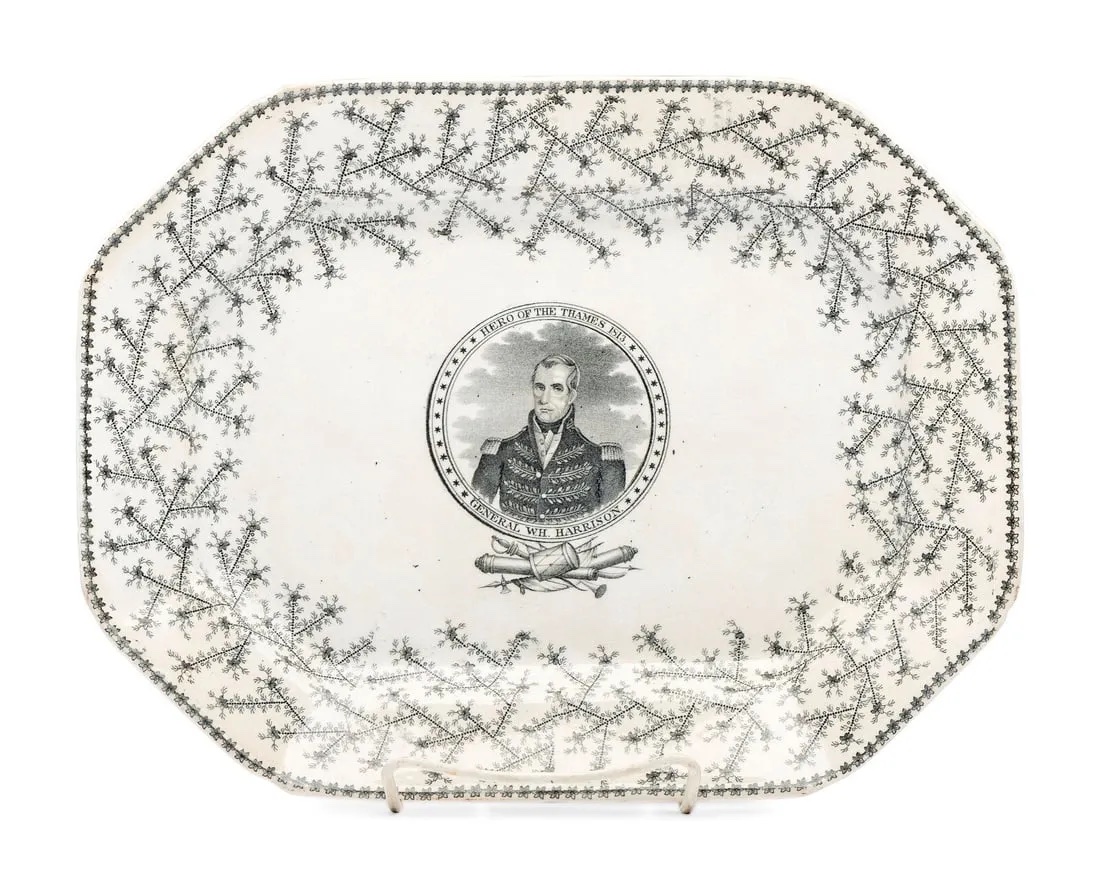 Staffordshire transfer-printed creamware 'Hero of the Thames' William Henry Harrison platter, estimated at $1,000-$2,000 at Freeman's Hindman.
