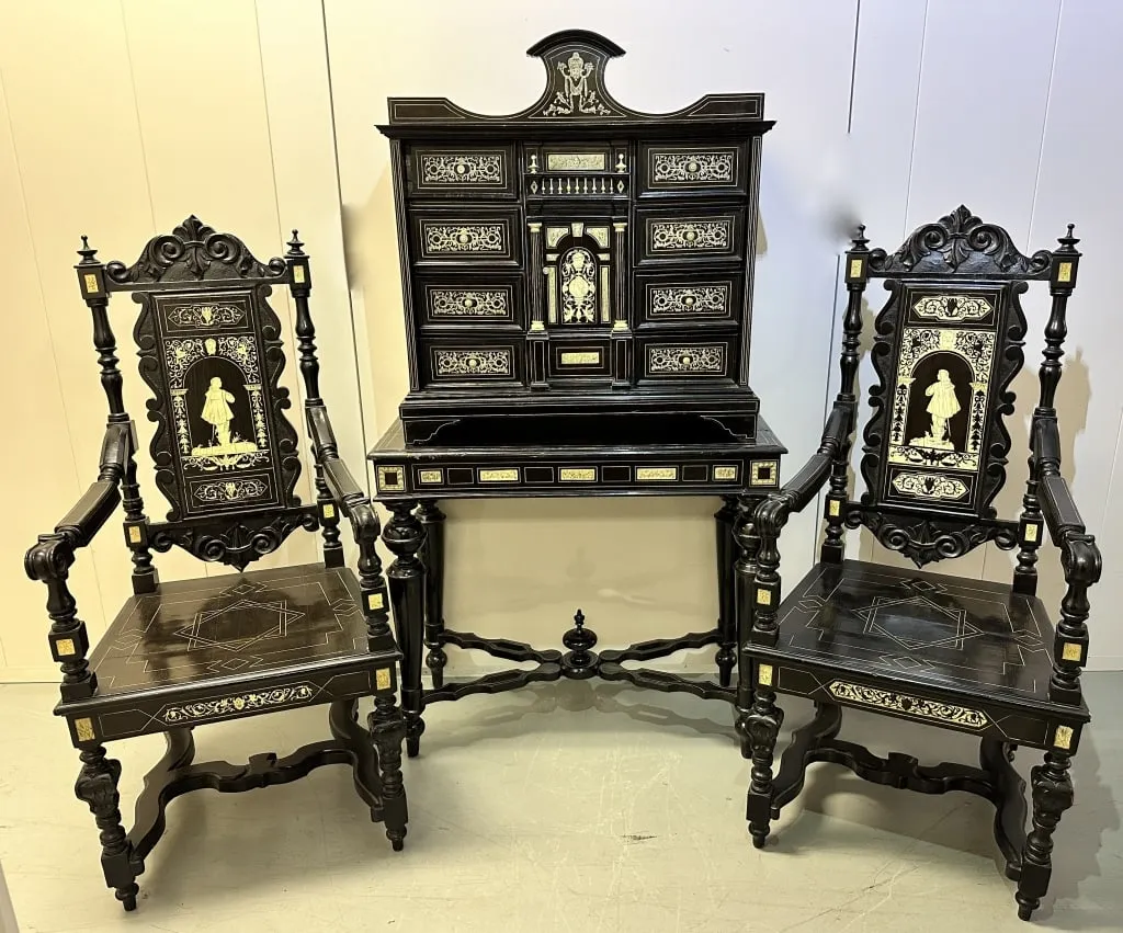 Italian marble and ebony inlaid cabinet and chairs, estimated at $3,000-$5,000 at Sterling.