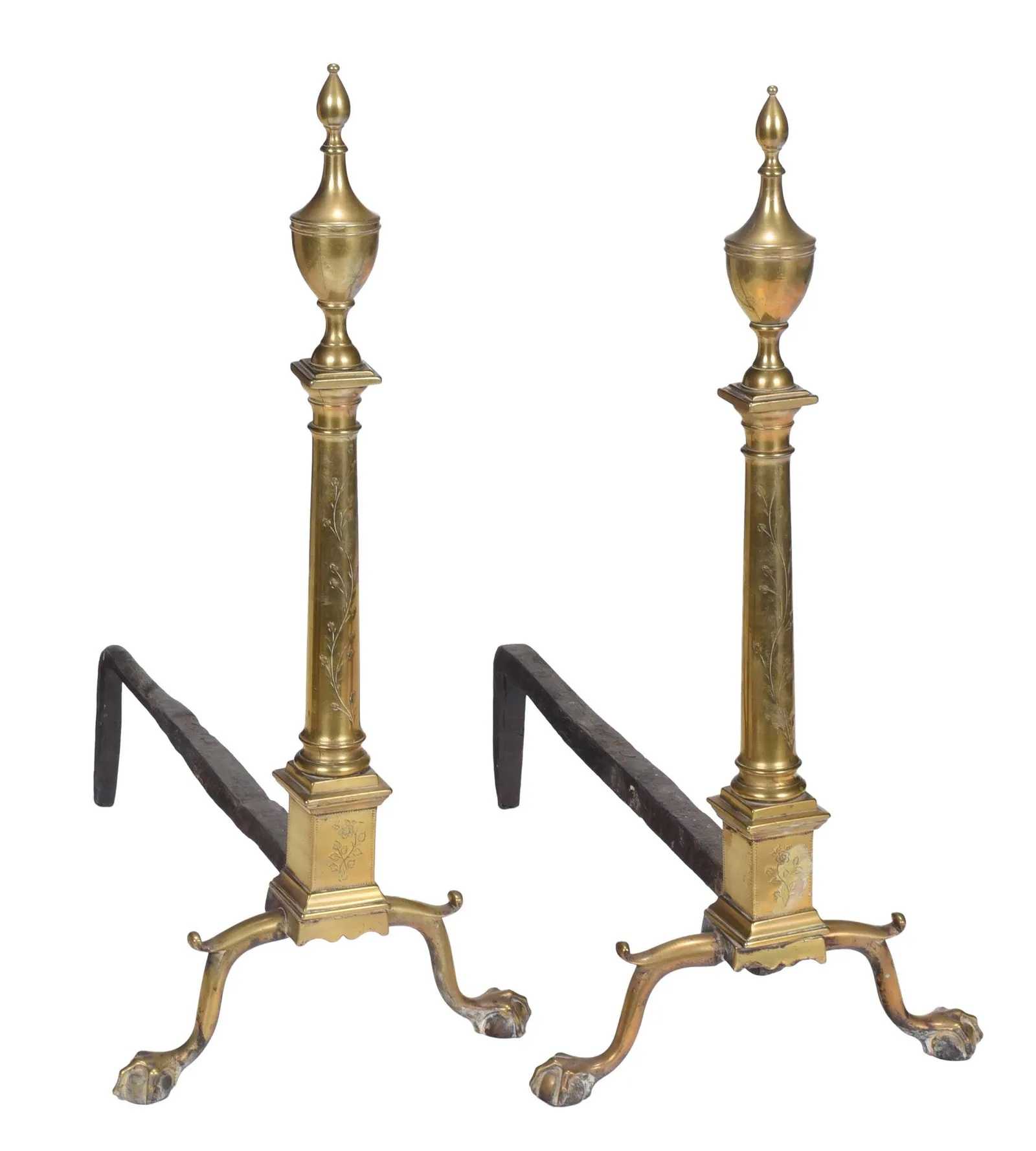 Circa 1790-1810 set of brass andirons, which sold for $32,000 ($40,960 with buyer’s premium) at Brunk.