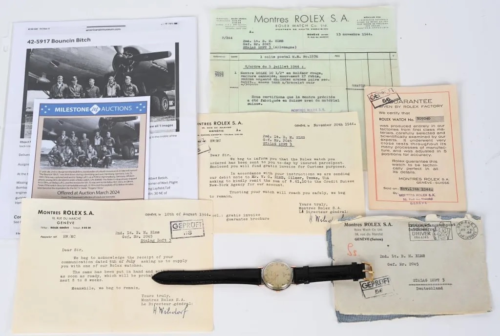 1944 Rolex gold watch, ordered by and shipped to B-25 bombardier 2nd Lt. Benjamin Elms at German Stalag Luft 3, estimated at $7,500-$15,000 at Milestone.