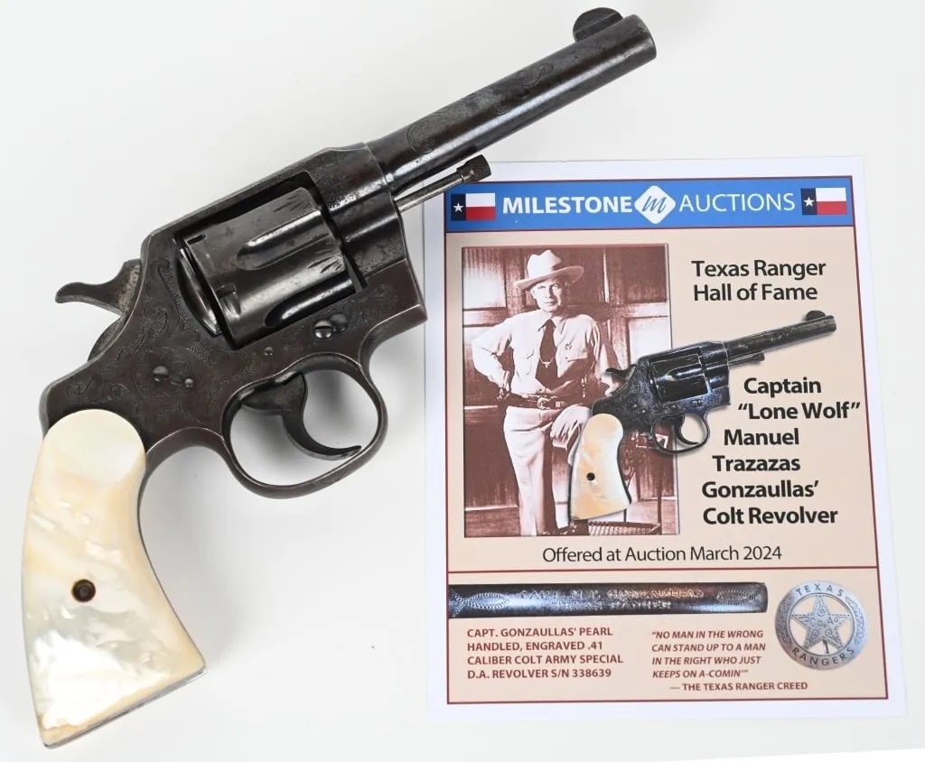 1912 Colt .41 caliber Double Action Army Special revolver owned by Texas Ranger Capt. Manuel T. ‘Lone Wolf’ Gonzaullas, estimated at $7,500-$15,000 at Milestone.
