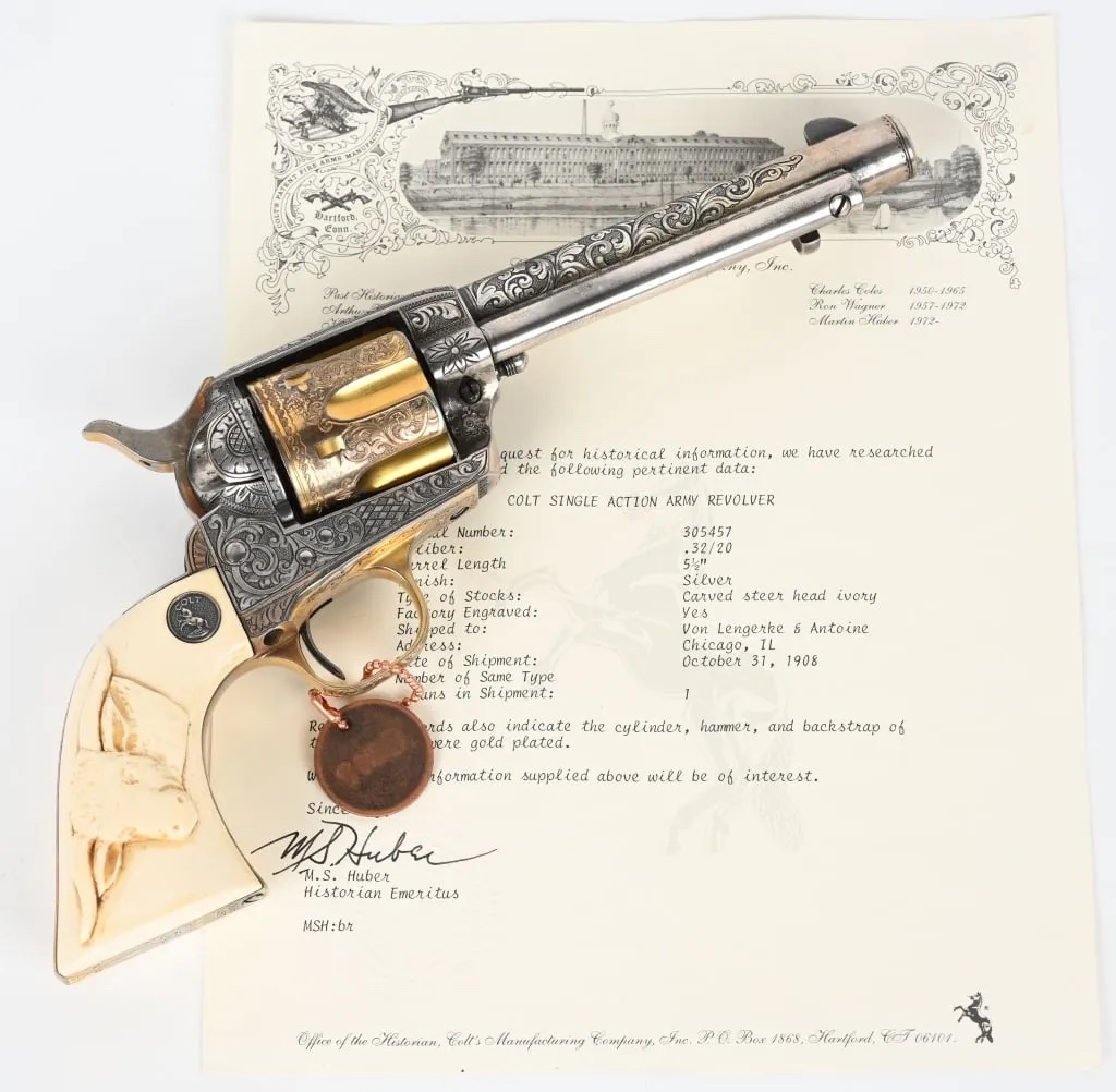 1908 Colt Single Action Army revolver with factory engraving by Colt Master Engraver Cuno A. Helfricht, estimated at $30,000-$50,000 at Milestone.