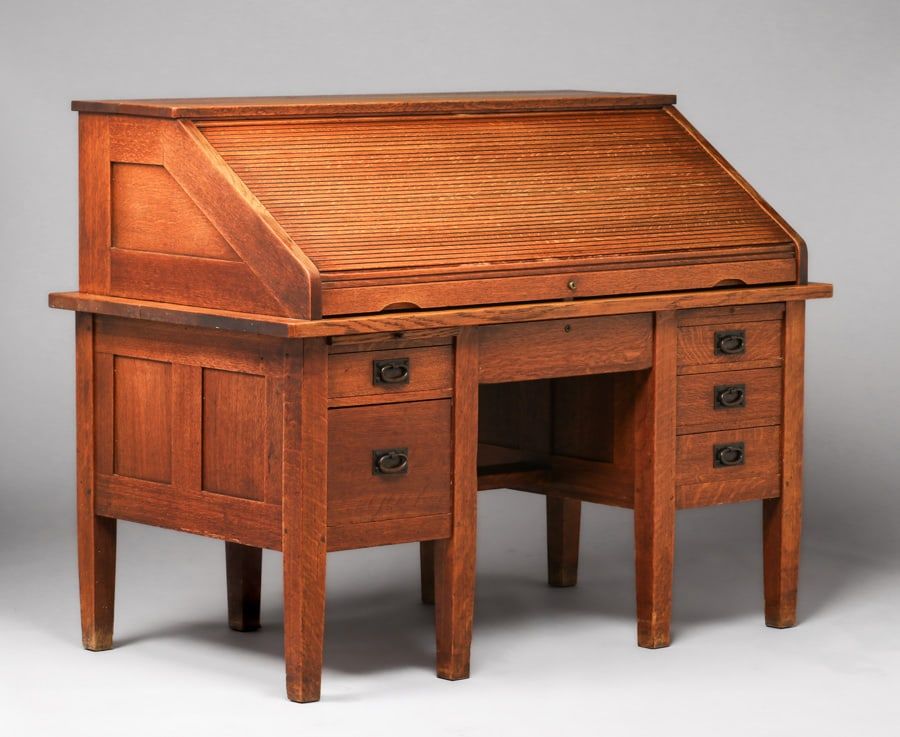 Circa-1904 Gustav Stickley model 713 roll-top desk, estimated at $8,000-$12,000 at California Historical Design.