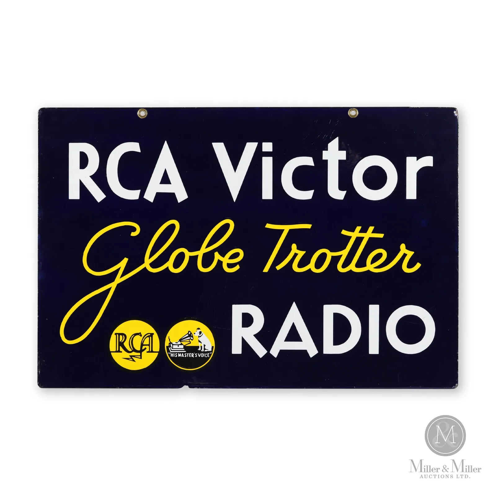 Canadian 1940s double-sided porcelain RCA Victor Globetrotter radio sign, estimated at CA$3,000-$5,000 ($2,220-$3,700) at Miller & Miller.