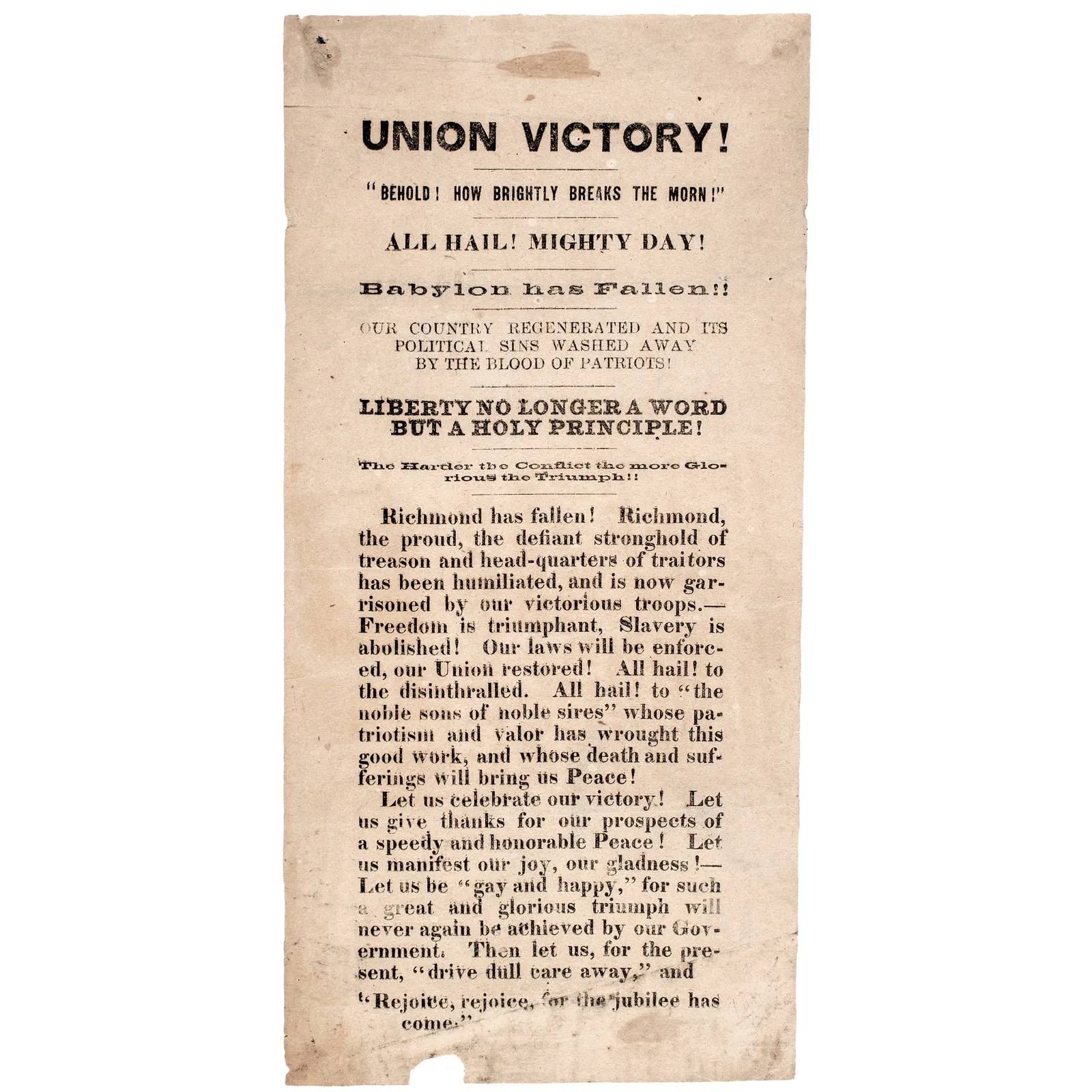 Civil War-era broadside declaring the fall of Richmond, Va., the Confederate capitol, estimated at $10,000-$20,000 at Early American.