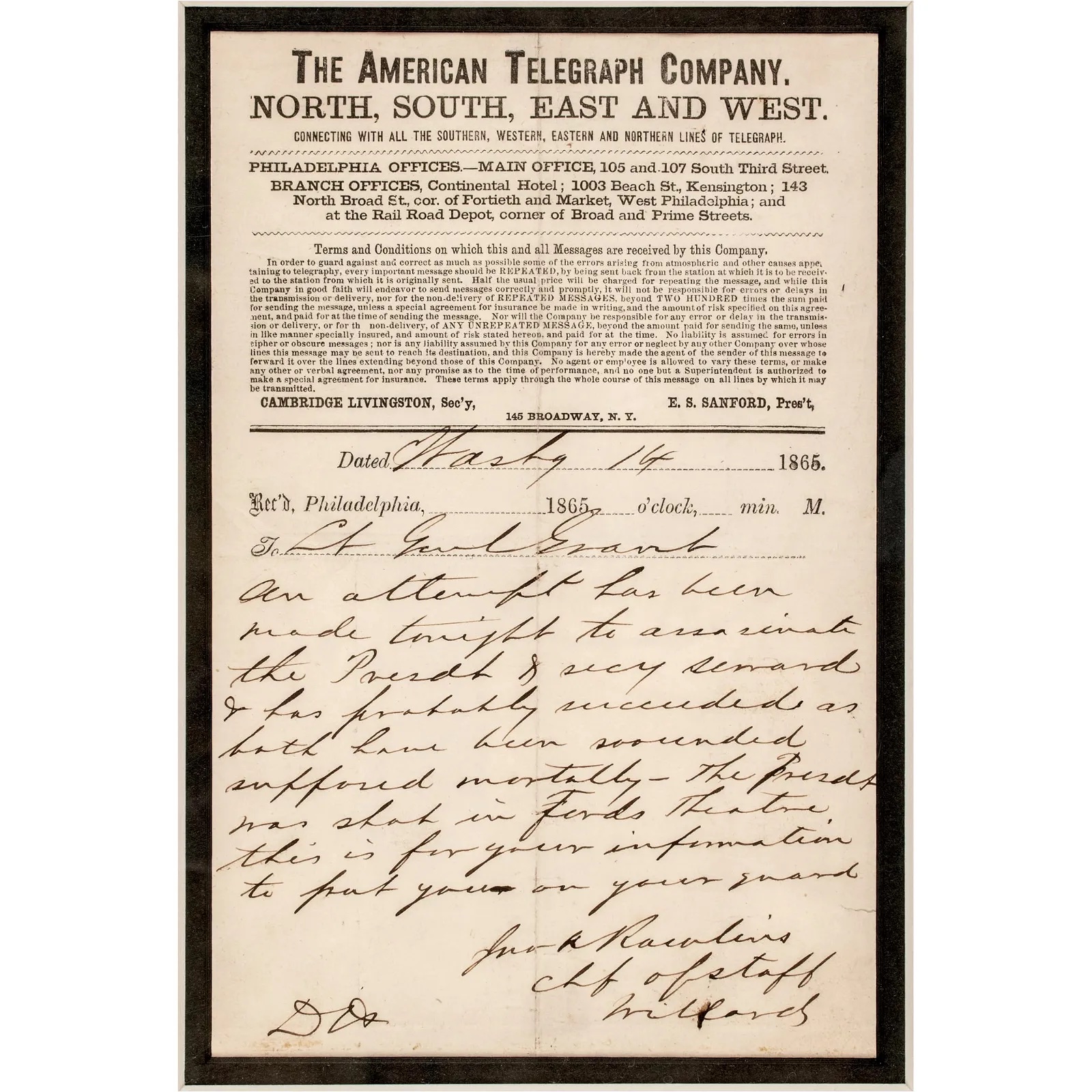 Telegram informing Grant of Lincoln&#8217;s assassination comes to Early American March 30
