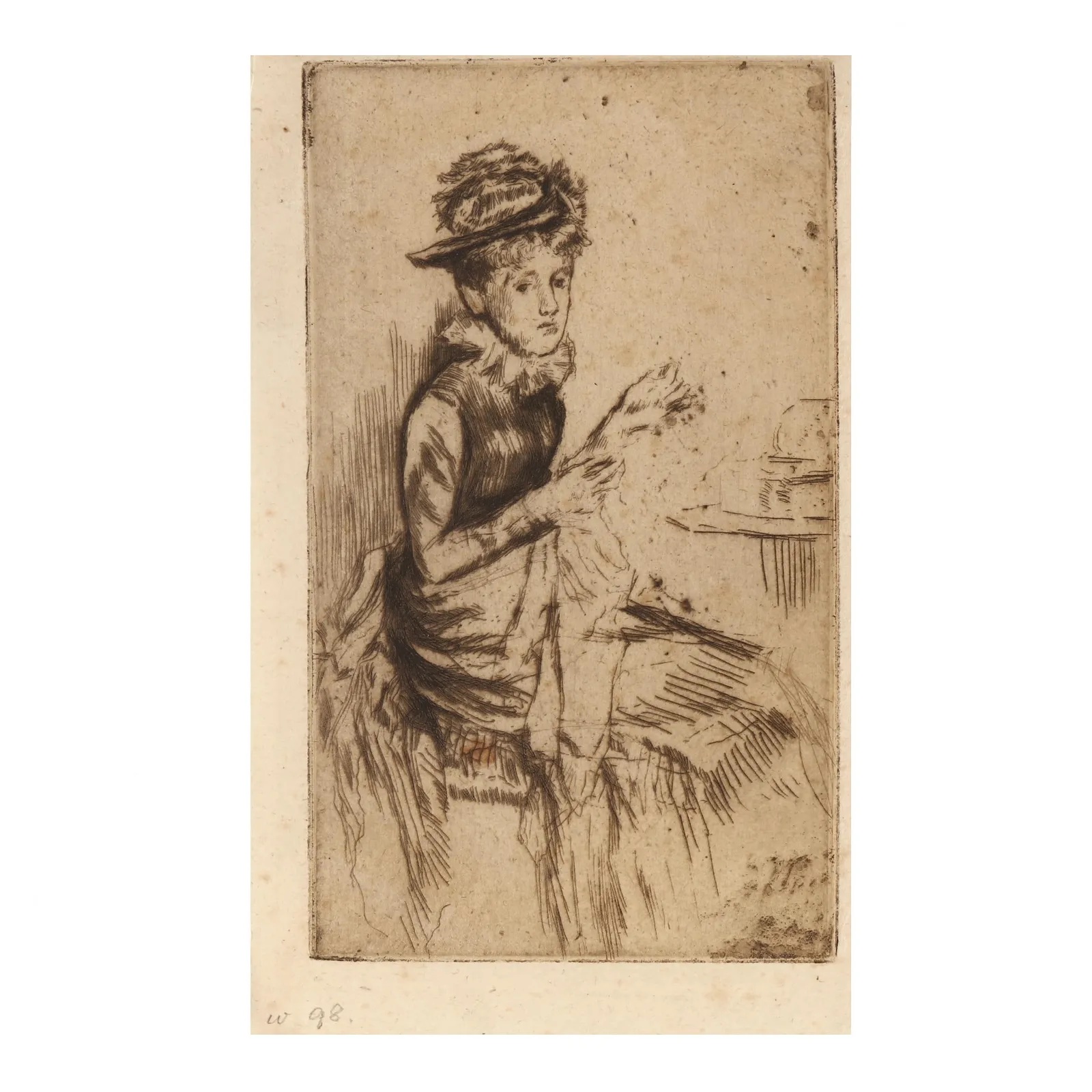 'Tatting,' an 1873 etching and drypoint by James Abbott McNeill Whistler, estimated at $50-$25,000 at Leland Little.