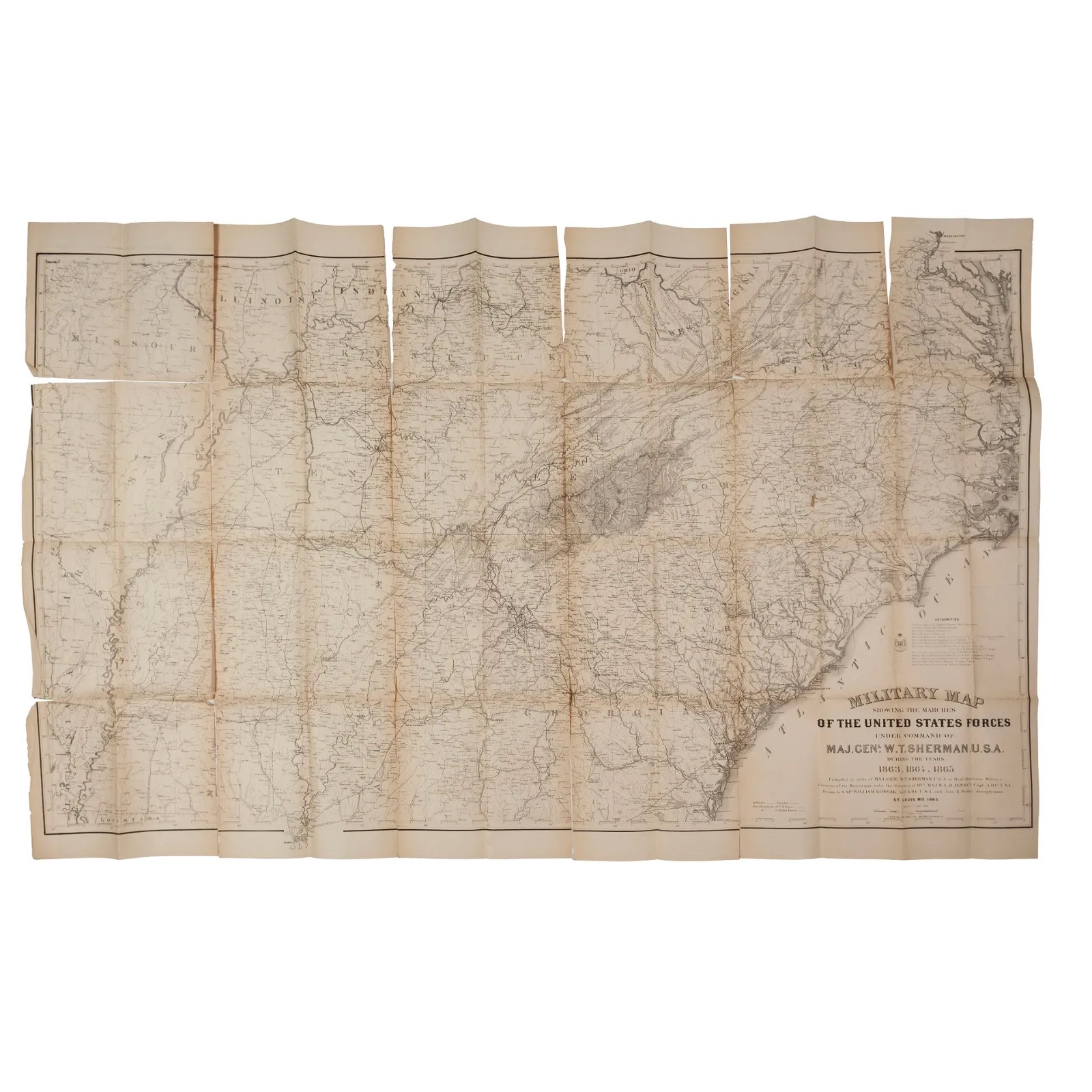 General W. T. Sherman's personal copy of a map detailing his campaigns, printed in 1865 after the close of the war, estimated at $750-$1,500 at Fleischer's.