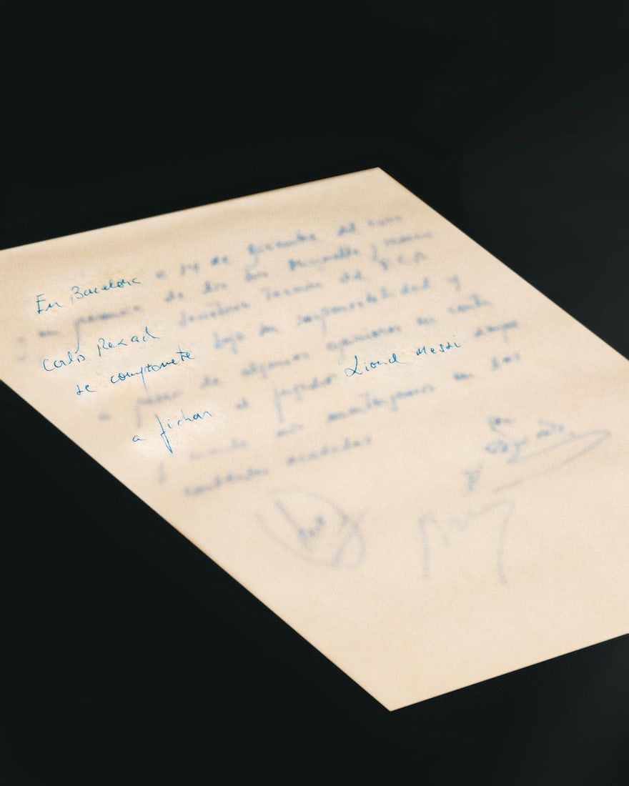 The napkin that secured the services of a 13-year-old Lionel Messi for Barcelona Football Club, estimated at £300,000-£500,000 ($381,880-$636,445) at Bonhams.