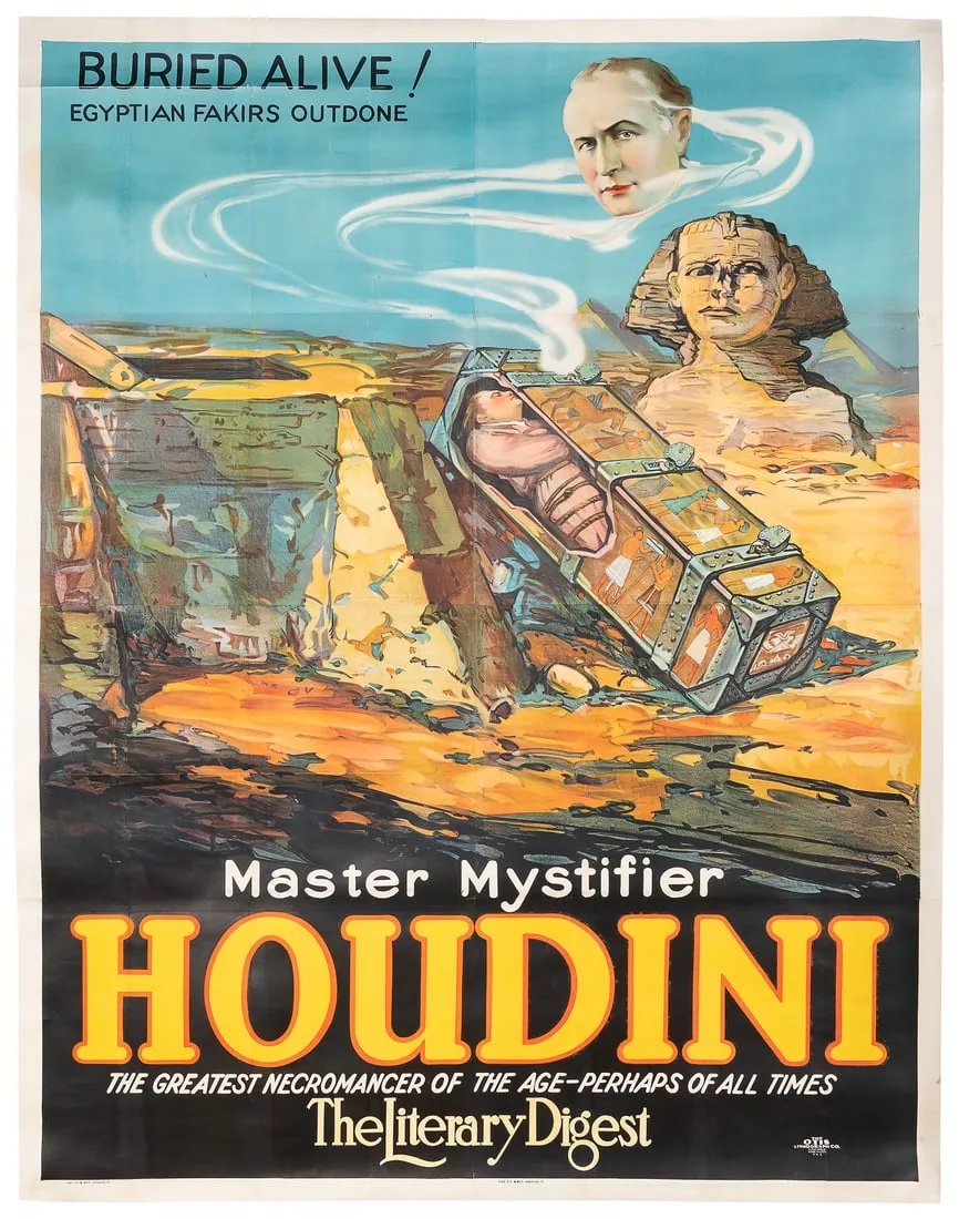 Houdini 'Buried Alive!' 1924 promotional poster, estimated at $8,000-$12,000 at Potter & Potter.