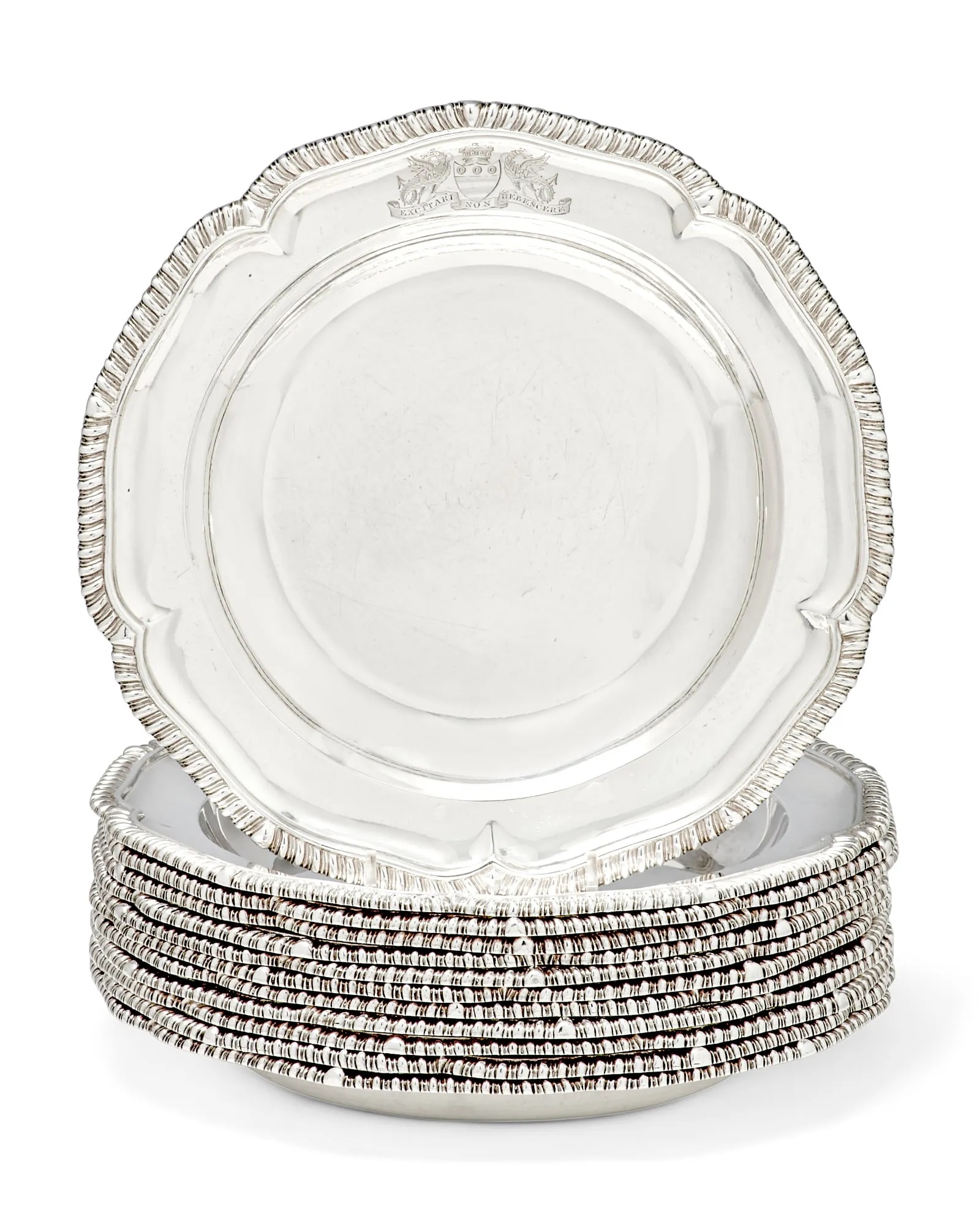 Set of 12 George IV sterling silver soup plates, estimated at $4,000-$6,000 at Andrew Jones.