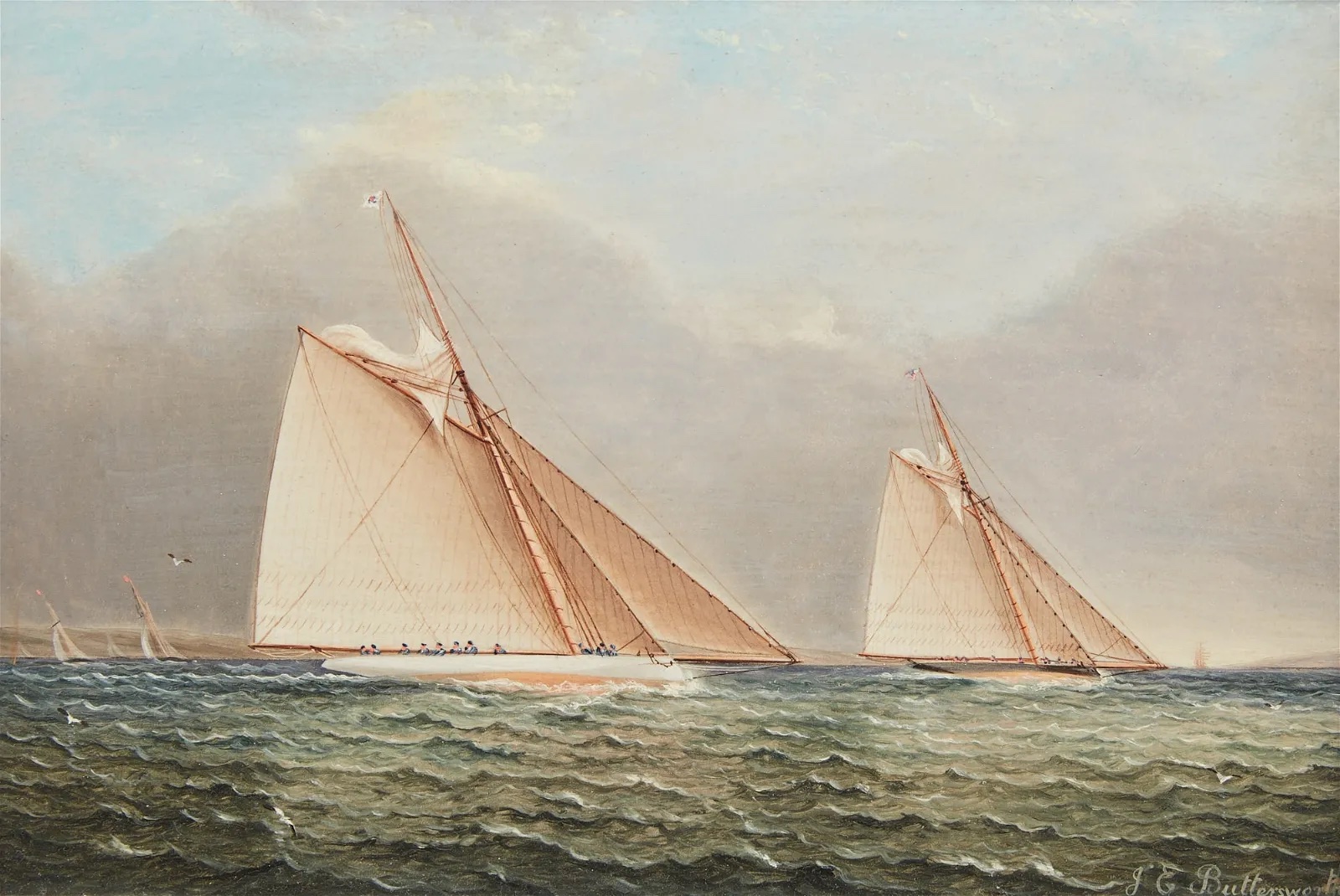 James Edward Buttersworth oil on board of two 19th-century racing yachts in the Americas Cup, estimated at $10,000-$15,000 at Andrew Jones.