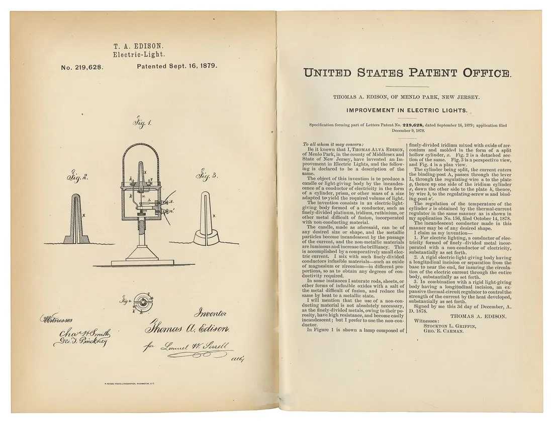 Thomas Edison, Patent for Edison’s Improvements on the 'Electric-Light', No. 219,628, estimated at $2,000-$3,000 at Potter & Potter.
