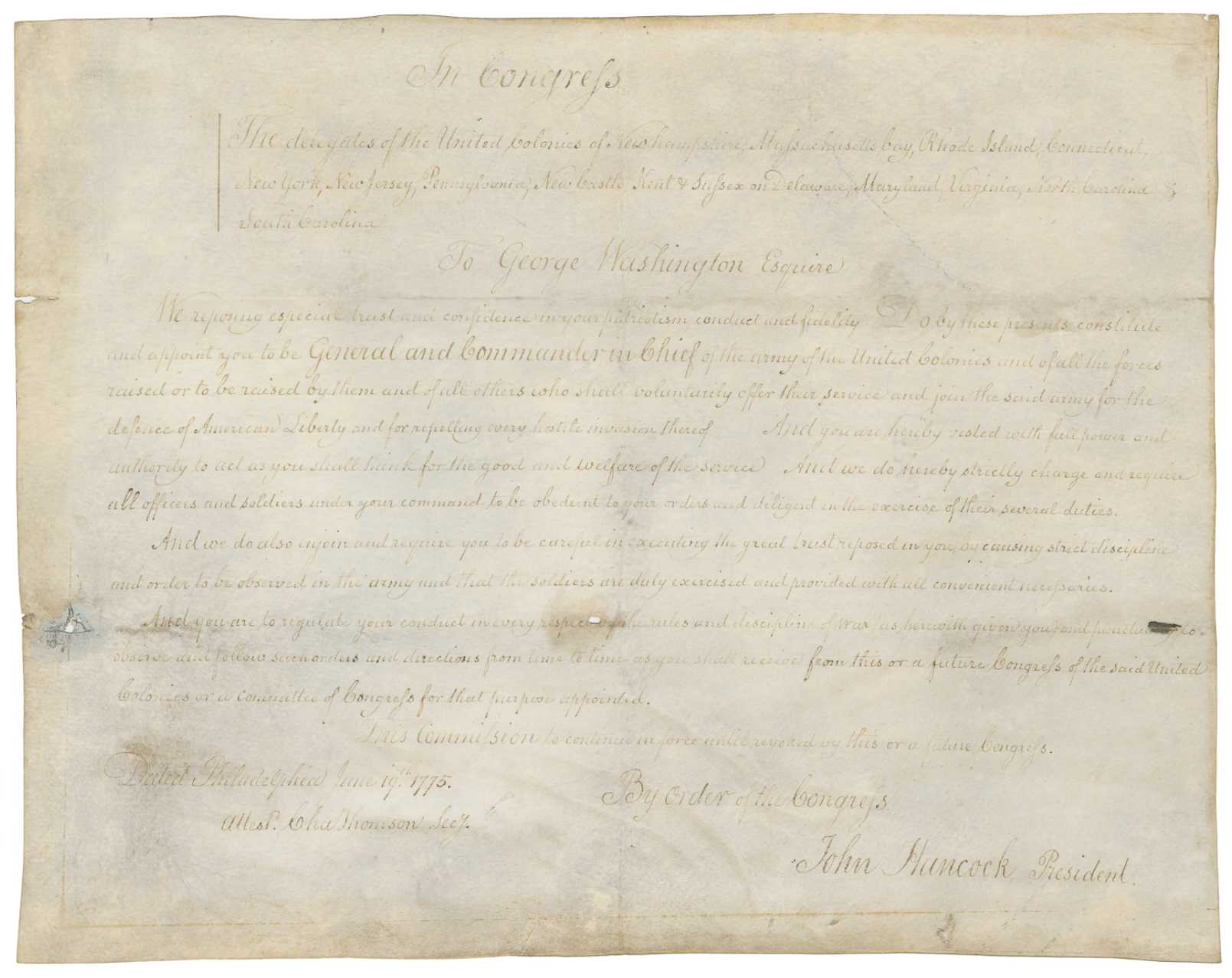 George Washington commission document as general and commander in chief of the United Colonies Army, estimated at $150,000-$250,000 at Potter & Potter.