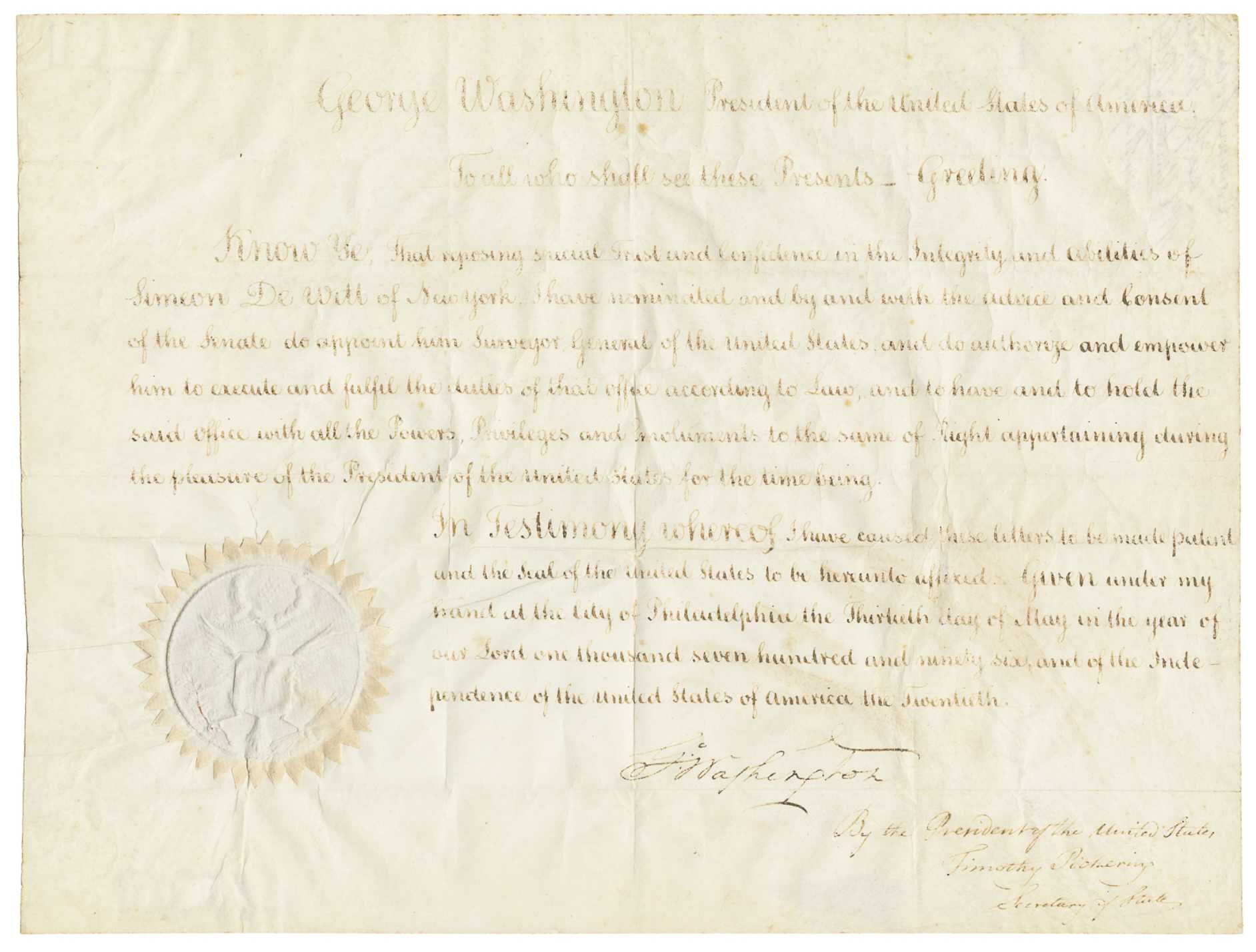 Document dated May 13, 1796 and signed by Washington appointing the first Surveyor General, estimated at $15,000-$25,000 at Potter & Potter.