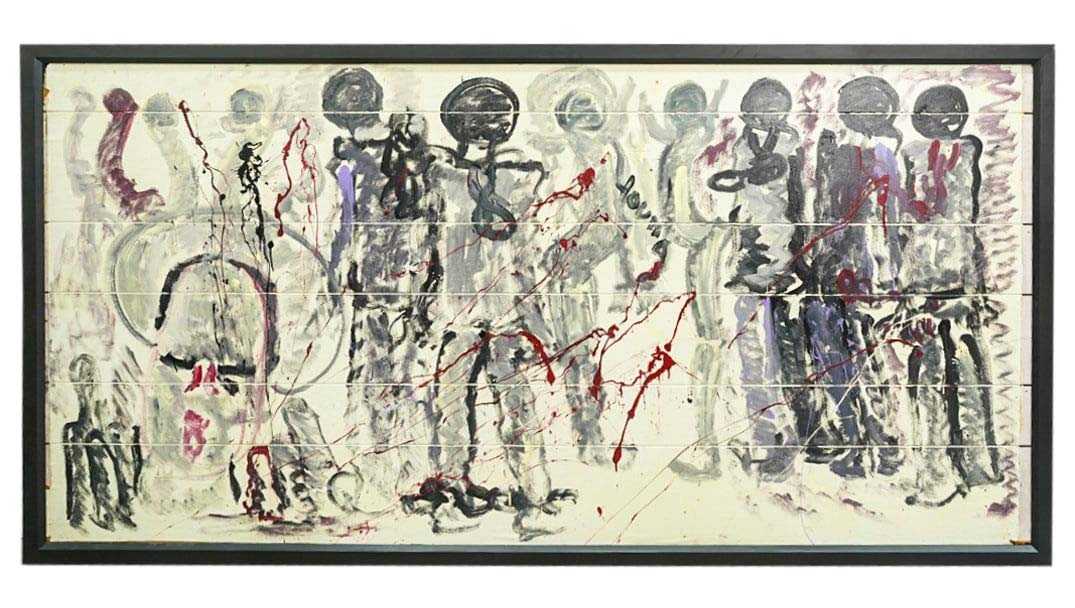 Monumental mixed media on plywood painting by Purvis Young, estimated at $10,000-$30,000 at Akiba Galleries.