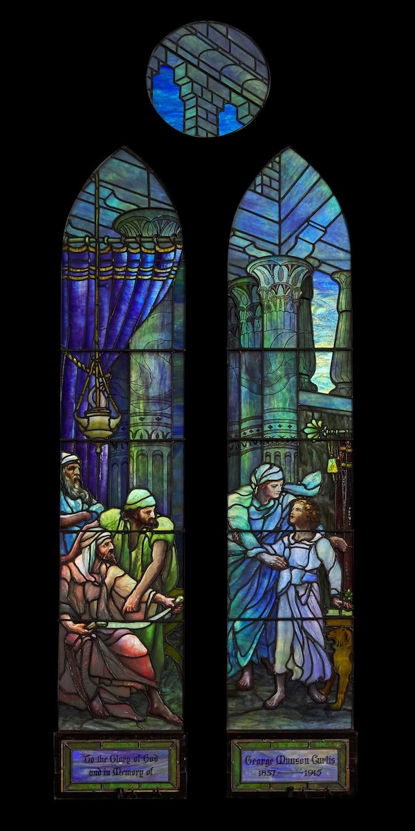 A 1917 Tiffany Studios memorial window, ‘Boy Christ in the Temple,’ from St. Andrew’s Episcopal Church in Meriden, Conn., brought $82,500 plus the buyer’s premium in October 2022. Image courtesy of Freeman’s Hindman and LiveAuctioneers.