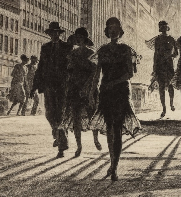 Detail of ‘Shadow Dance’, a 1930 Martin Lewis-signed drypoint that achieved $27,500 plus the buyer’s premium in September 2023. Image courtesy of Freeman’s Hindman and LiveAuctioneers.