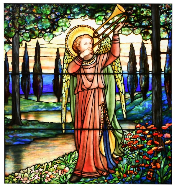 A circa-1916 Tiffany Studios ‘Gabriel Blowing His Horn’ window made $85,000 plus the buyer’s premium in September 2021. Image courtesy of Fontaine’s Auction Gallery and LiveAuctioneers.
