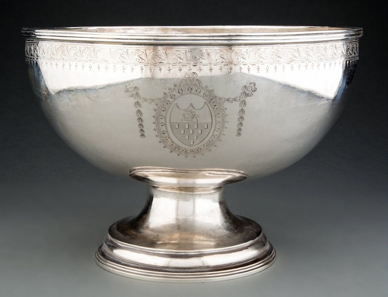 A Hester Bateman silver punch bowl, made in London in 1781, tripled its $3,000-$5,000 estimate when it achieved $15,000 plus the buyer’s premium in May 2021. Image courtesy of Heritage Auctions and LiveAuctioneers.