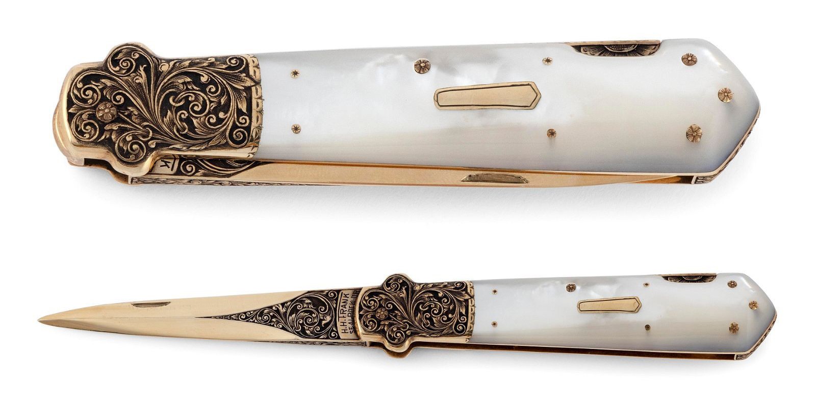 Gold and mother-of-pearl dagger folding knife by Heinrich ’Henry’ Frank, which sold for $11,000 ($13,860 with buyer’s premium) at Eldred’s.