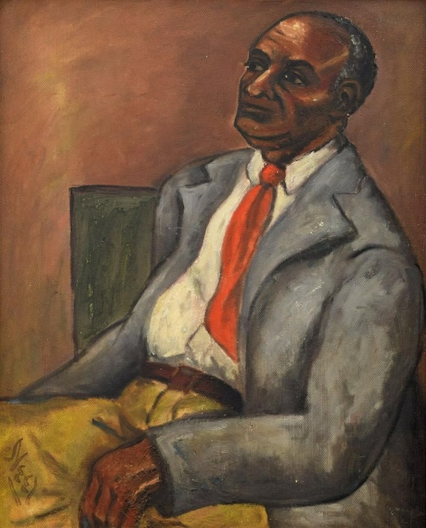 An oil on Masonite by Alice Neel, ‘Black Spanish Intellectual,’ attained $80,000 plus the buyer’s premium in December 2022. Image courtesy of Palm Beach Modern Auction and LiveAuctioneers.