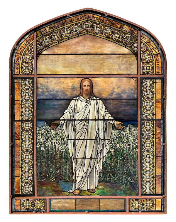 A circa-1898 window by Tiffany Studios, ‘Jesus in a Field of Lilies’, achieved $190,000 plus the buyer’s premium in January 2023. Image courtesy of Fontaine’s Auction Gallery and LiveAuctioneers.