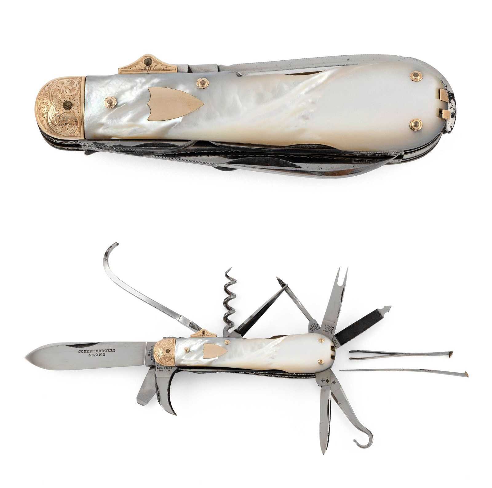 Late 19th-century gold and mother-of-pearl multi-tool sports pocket knife by Joseph Rogers & Sons of Sheffield, England, which sold for $10,000 ($12,600 with buyer’s premium) at Eldred’s.