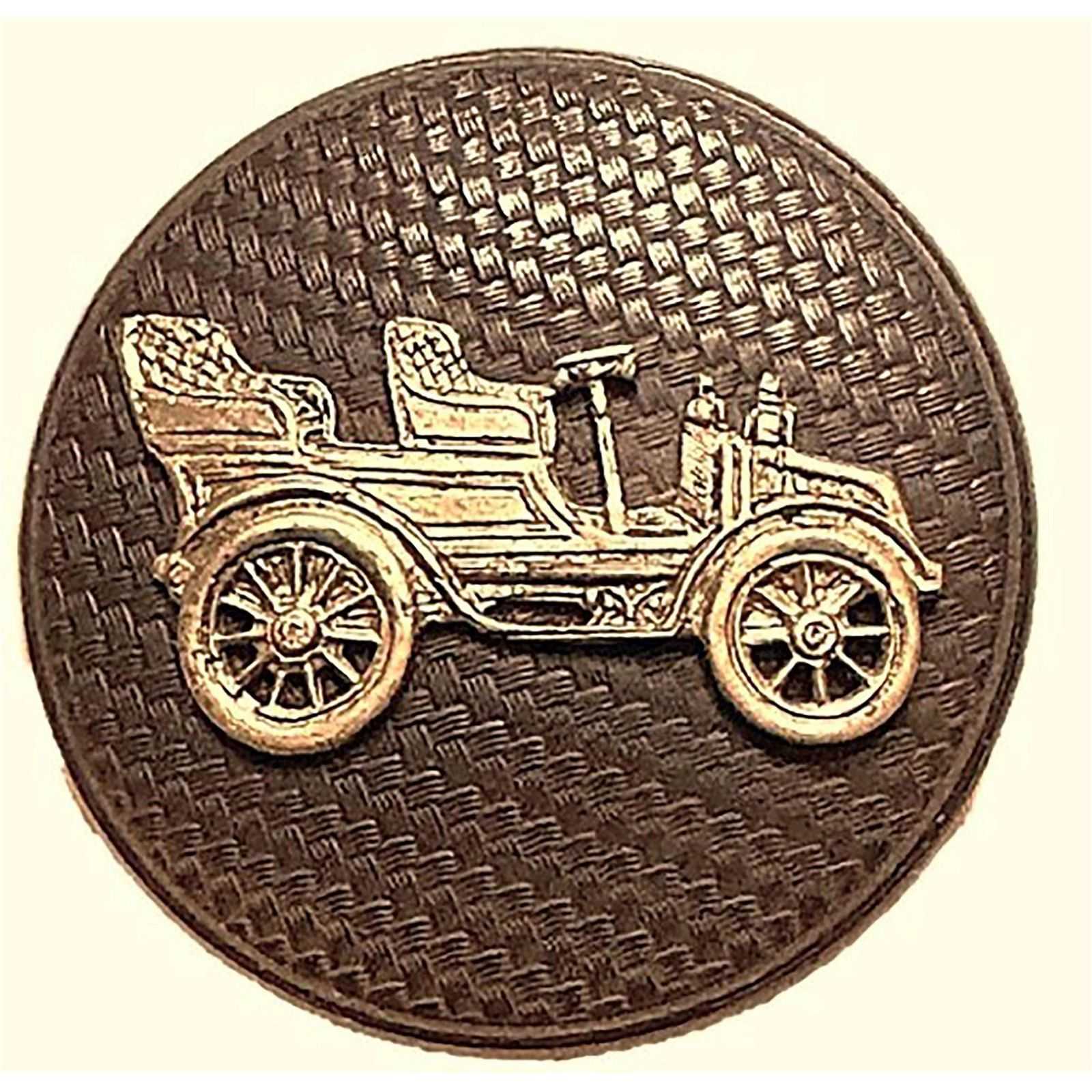 Large early 20th-century button with a vintage car in brass on a Goodyear rubber backing, estimated at $500-$1,500 at Lion and Unicorn.
